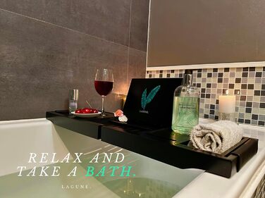 Підставка для ванни Lagune Premium з бамбука (чорна) з шкіряними ручками, для свічок, келихів, книг, планшетів, iPad та телефонів