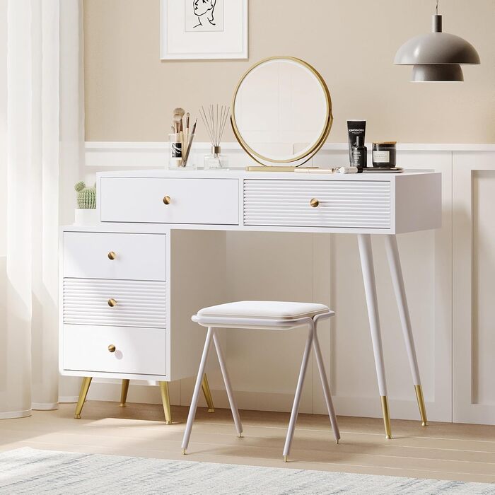 Туалетний столик Merax з дзеркалом та LED-підсвіткою, з бічною шафкою, 6 висувними ящиками та золотими ручками, білий, 102x100x41.5 см (без табурета)