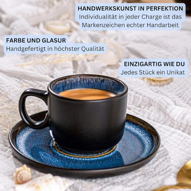 Набір чашок для еспресо SÄNGER Aruba (12 шт.) з порцеляни, 6 чашок мокко з блюдцями, блакитні чашки з чорним обідком, 80 мл, VALUE COLLECTION