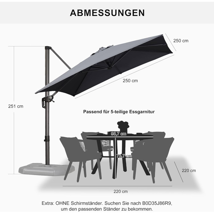 Парасолька від сонця PURPLE LEAF 250x250 см, велика підвісна парасолька-ампел з рукою-коханцем, поворотом на 360° та хрест-підставкою для тераси та балкона, сіра
