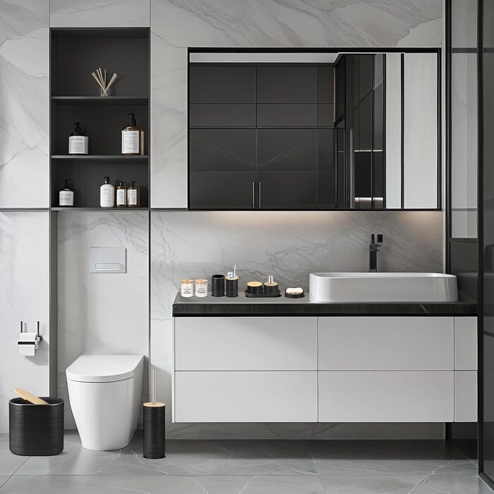 Набір аксесуарів для ванної кімнати IMAVO, 9 предметів, чорний: миска для мила, диспенсер для мила, тримач для зубних щіток, стакан для зубних щіток, тримач для туалетного йоржика, диспенсер для ватних паличок