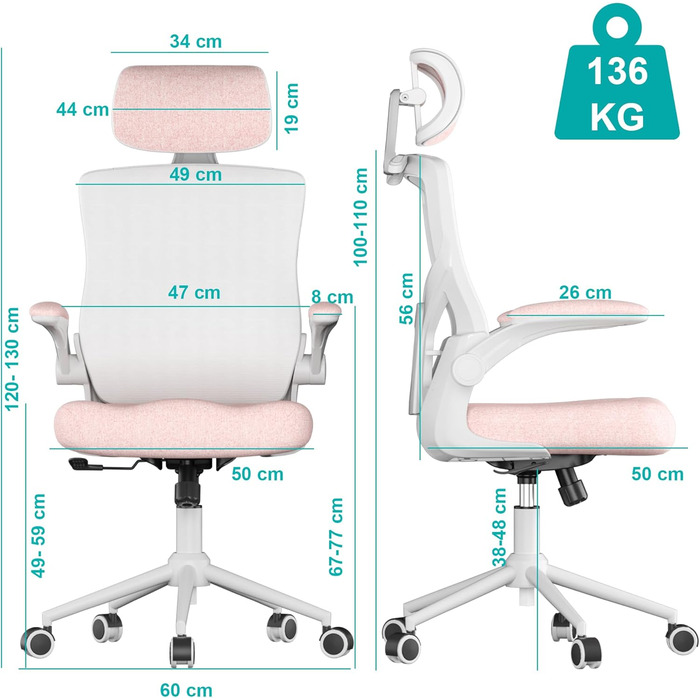 Ергономічне крісло для офісу з регульованою підголівником та поперековою підтримкою – високе офісне крісло з сітчатим спинком та м'яким сидінням, вішалка для одягу та функцією блокування (білий та рожевий)