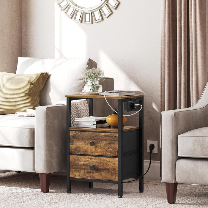 Нічний столик з підзарядкою, тумбочка з 2 шухлядами, приліжний столик з USB-портами та полицями, для вітальні, спальні, вінтажний коричневий та чорний XET02CBRY1