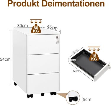 Роликовий контейнер HOMSTEEL з замком, 3 висувні ящики, стіл для принтера, білий, 46x30x54 см