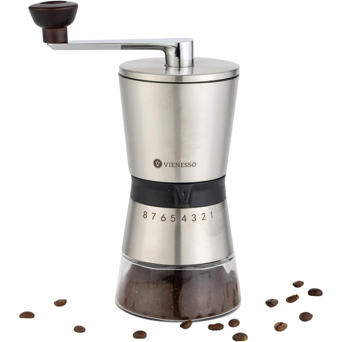 Ручна кавомолка з 8 ступенів помелу – кавомолка з нержавіючої сталі з керамічним жорном для еспресо, фільтра та френч-прес – велика ручна кавомолка для дому та офісу, срібна, кераміка