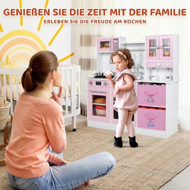 Дерев'яна дитяча кухня MAMIZO з підсвічуванням та звуком, іграшкова кухня для дітей, 90x30x90 см, з аксесуарами та 2 ящиками, іграшка для дітей від 3 років (Рожева)
