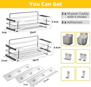 Душова полиця ALOCEO без свердління, 2 шт. и з 6 гачками, душова полиця з нержавіючої сталі, органайзер для душу, срібло