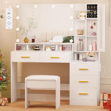 Великий туалетний столик ANWBROAD з LED-підсвічуванням (3 кольори) та розетками, білий, з дзеркалом та пуфом, 5 ящиків, скляні дверцята, 140x115x40 см, BDT68W