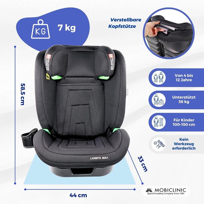 Дитяче крісло, Lionfix MAX, стандарт i-Size, ISOFIX, Клітка для пляшечки, 100-150 см, Двосторонній захист, Регульований підголівник, Європейський бренд, 3 положення регулюється, Можна прати