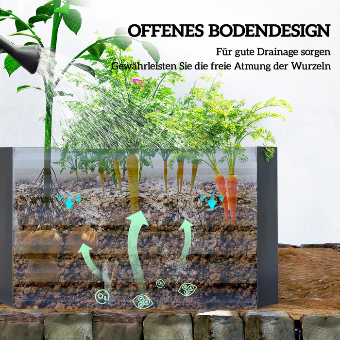 Підвищене грядка з металу 180 x 90 x 57,5 см. Глибока грядка для саду з відкритим дном та опорною штангою, темно-сірого кольору.