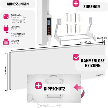 Інфрачервоний обігрівач tectake із захистом від нахилу, термостатом і захистом від перегріву, інфрачервоний обігрівач для стіни, для стельового монтажу або як інфрачервоний обігрівач Підлоговий блок електричний (1100, Ватт) (550 Вт)