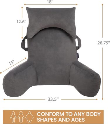 Підлогове крісло для читання з підголовником (світло-сірий, Oeko-Tex), м'яке спинне крісло з підлокітниками та кишенями для дорослих, зручне ліжко-крісло з Memory Foam для гуртожитку, світло-сірий, великий, преміум-якість