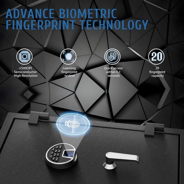 Біометричний вогнестійкий сейф WASJOYE з відбитком пальця, цифровою клавіатурою та зарядкою Type-C, 66L, для дому, офісу, готелю, водонепроникний, для документів та готівки