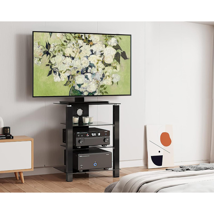 Стельова полиця FITUEYES для телевізора та аудіоапаратури з регульованою висотою, скло та алюміній