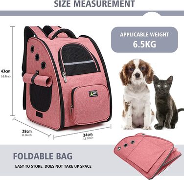 Рюкзак для собак PETCUTE для собак і кішок, схвалений авіакомпанією рюкзак для домашніх тварин, дихаюча сумка для перенесення домашніх тварин з вікнами, складаний рюкзак для кішок, рюкзак для собак з повідцем (рожевий)