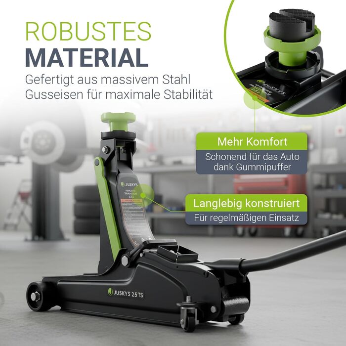 Підйомник гідравлічний Juskys 2.5 т, сталевий, 85-390 мм, з кейсом, гумовими накладками та аксесуарами - Чорно-зелений