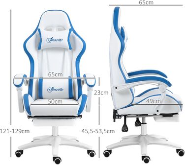 Крісло ігрове Vinsetto Ergonomic з регульованою підніжкою, спинкою 135°, підголівником та поперековою підтримкою, поворотне на 360°, PU шкіра, білий/сірий
