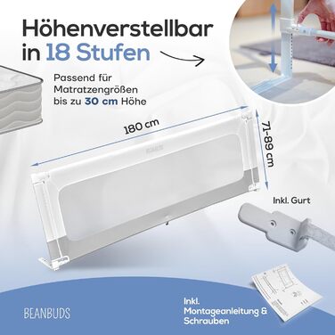 Бортик для ліжка BEANBUDS® захисний, 180 см - сірий. Захист від випадання для дитячого та дорослого ліжка (ламельний та бокспрінг). З ременями для кріплення.