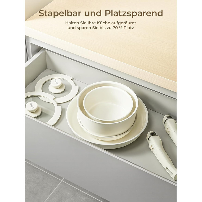 Набір посуду FOHERE 8 предметів: каструлі та сковороди з 2 знімними ручками, сковорода 20/28 см, каструлі 2.6/1.4 л, підходить для всіх плит (індукція), безпечний у духовці та посудомийній машині, бежевий
