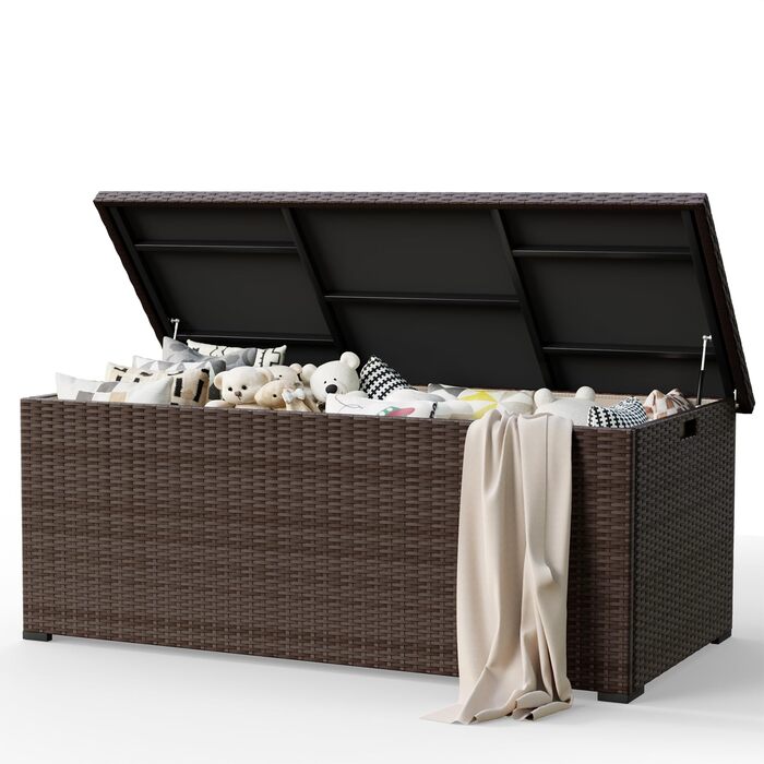 Водонепроникний садовий ящик Amopatio Gartenbox 650л з поліротангу для подушок, металевий з газовими амортизаторами, для саду та балкону, коричневий