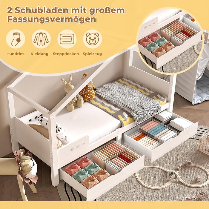 Двоспальне ліжко-хатинка для дітей 90x200 см з шухлядами, з натурального дерева (сосна), білий колір