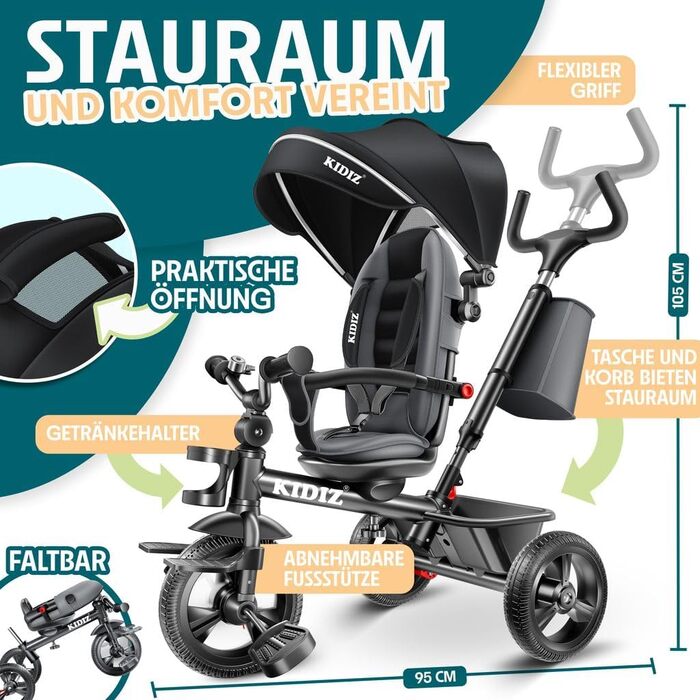 Триколісний велосипед KIDIZ 6-в-1 з ручкою, кошиком, сонцезахисним козирком до 25 кг (Чорний)
