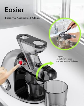 Соковижималка SiFENE Slow Juicer - подвійний калібр, не засмічується, функція реверсу проти блокування, дрібне подрібнення без фільтра, електрична соковижималка, зі щіткою та 2 чашками сірого кольору