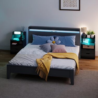 Нічний столик COSTWAY з LED-підсвіткою та зарядкою, 2 шухляди, відкриті полиці, пульт дистанційного керування, 45 x 35 x 72,5 см (Чорний)