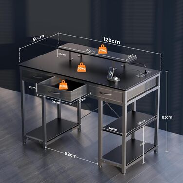 Комп'ютерний стіл Claiks з 3 шухлядами, полицею, 2 розетками та 2 USB-портами для зарядки, білий (120 x 60 см), чорний