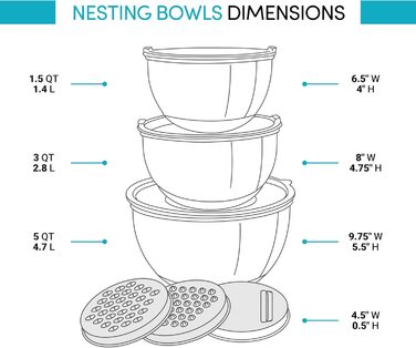 Набір місок для змішування з нержавіючої сталі з кришкою, терткою, ручкою, виливом та герметичним кришкою, антиковзний набір місок для приготування, випічки, зберігання продуктів (3 шт.) Чорний
