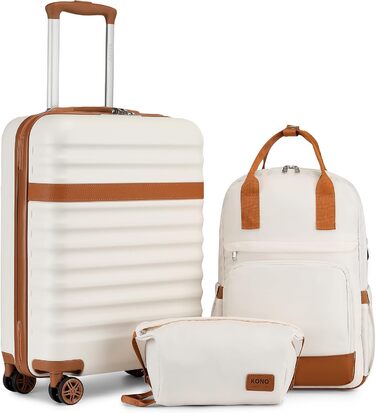 Набір валіз KONO: 3-в-1 (рюкзак, валіза на колесах, косметичка) з ABS+PC, TSA-замок, 4 колеса (кремовий/коричневий)
