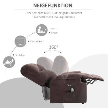 Масажне крісло HOMCOM з кріслом Sit-to-Stand, електричне крісло з 8 вібраційними точками масажу, регульоване крісло для телевізора, інтерфейс USB, оксамитовий темно-коричневий