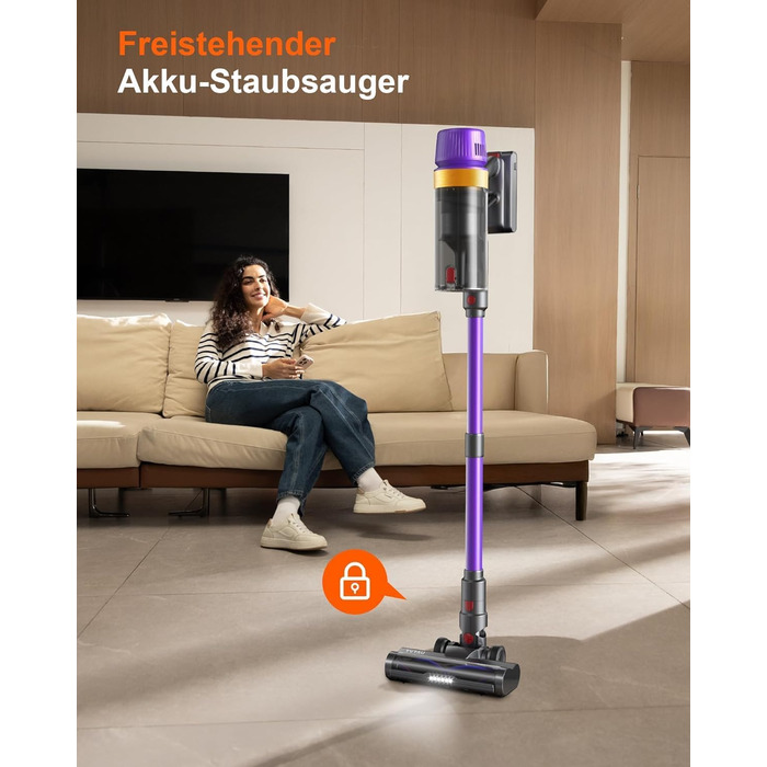 Акумуляторний пилосос бездротовий для шерсті тварин, 1.8л з дисплеєм, 55000Па/620Вт/75хв, вертикальний з анти-заплутувальною щіткою та док-станцією для килимів/твердих підлог/авто, фіолетовий
