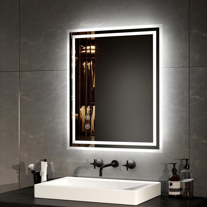 Дзеркало для ванної кімнати EMKE з підсвічуванням 50x60 см, антизапар, 2 кольори світла (тепле/холодне), LED, сенсорне керування