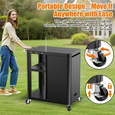 Гриль-возна Гриль-стіл з відкидним столиком, вулична кухня з гачками, полицею та шафкою, сервізний візок на колесах, чорний (143×37×89 см)