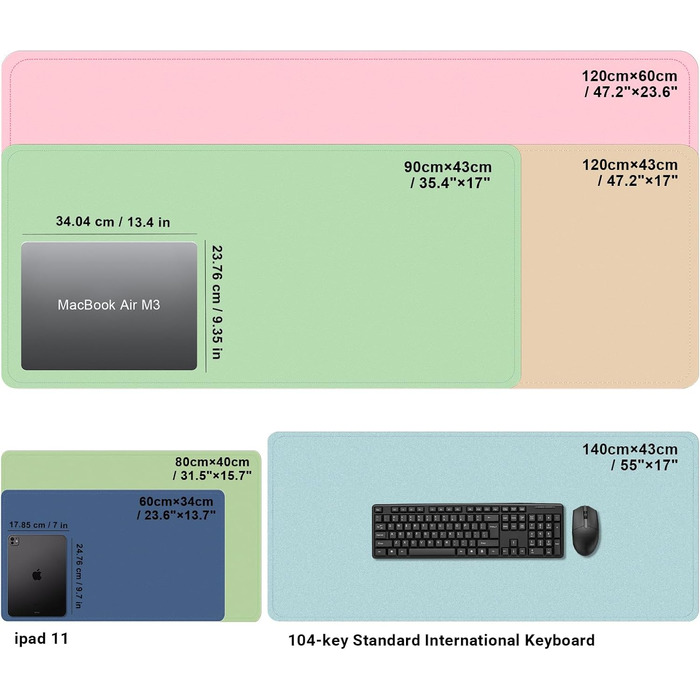Шкіряний килимок для столу BLESWIN, великий протиковзаючий килимок для миші та ноутбука, підкладка для письма та декору робочого столу (140x43 см, блакитний)