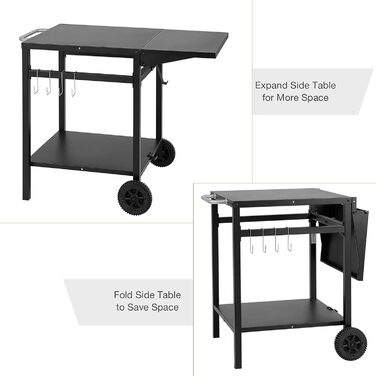 Стіл для грилю GIANTEX з відкидною робочою поверхнею, на коліщатках, з 2 полицями та 4 гачками, металевий, чорний