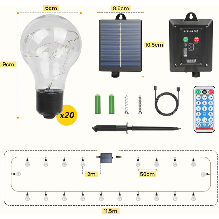 Ліхтарі на відкритому повітрі, 20 світлодіодів, 7.7 м, пульт дистанційного керування, стійкий до погодних умов, барвистий, великий