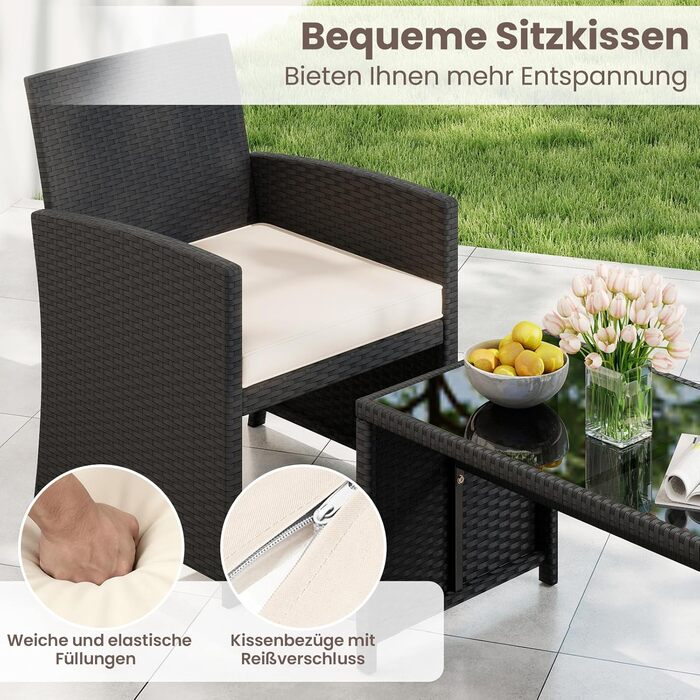 Садовий набір меблів COSTWAY з ротангу для балкона та тераси: диван, 2 крісла, стіл, подушки (Сірий + Чорний)