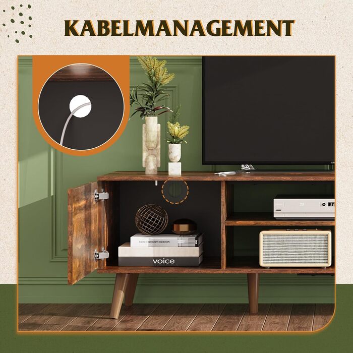 Тумба під телевізор WLIVE 160x40x47 см з двома дверцятами та відкритими полицями, вітальня, спальня, вінтажний коричнево-чорний