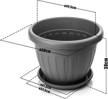 Плантатор BigDean 3X з підставкою, ø50xH38 см, антрацит - вологостійкий горщик для квітів - з водостоком, UV-стійкий, з міцного пластику - для внутрішнього та зовнішнього використання, Made in Europe