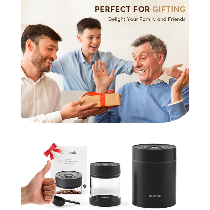 OUTPEAK Neo 2025 Kilo Auto-Vakuum-Kaffeedose: Герметичний контейнер для кави на 1,5 л (500 г) з автоматичним вакуумом, нержавіюча сталь, для бариста, подарунок (великий, матовий чорний) (G750)
