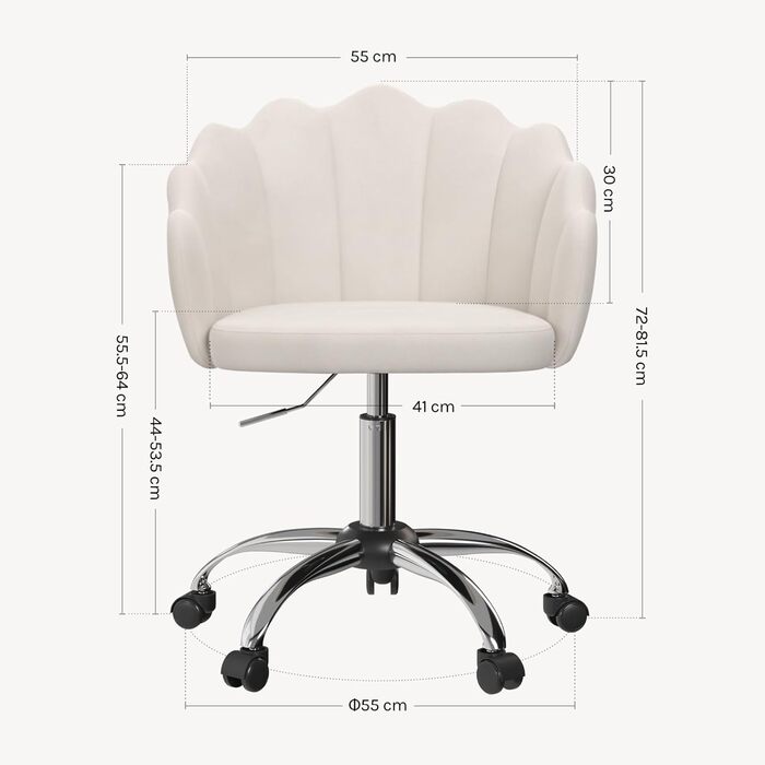 Крісло WOLTU для офісу та дому, крісло до туалетного столика з м'якою спинкою у вигляді пелюсток, поворотне з роликами, регульоване по висоті, для робочого кабінету, спальні, оксамит, бежевий