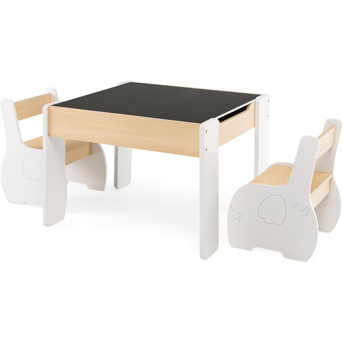Дерев'яний дитячий стіл з 2 стільцями DREAMADE, 3 шт. Дитяча меблева група з двостороннім столом та місцем для зберігання, набір меблів для дітей, для хлопчиків та дівчаток (білий)