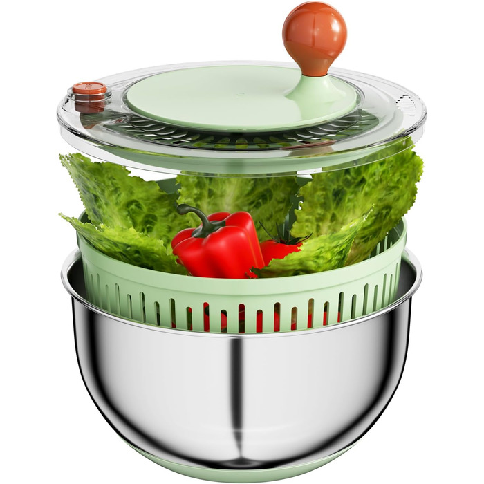 Швидка салатниця-швидкообертач з нержавіючої сталі з кришкою, для миття та сушіння овочів та фруктів