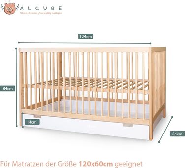 Дитяче ліжечко Alcube см Тоні виготовлене з високоякісної деревини бука, з накладними перекладинами і матрацом з висувним ящиком білого кольору (60х120, натуральне - з висувним ящиком)