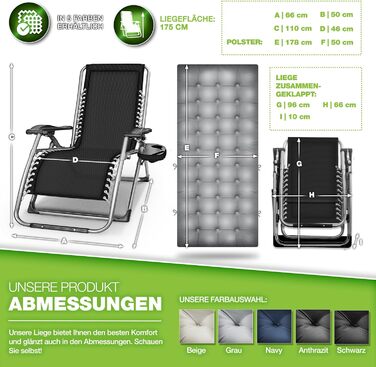 Шезлонг складний Tillvex® до 200 кг | Садовий лежак для відпочинку на балконі, терасі та у саду | З товстим матрацом, регульований, з подушкою для шиї (сірий)