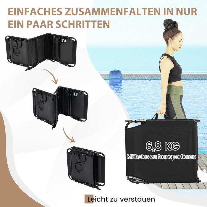 Лежак для відпочинку Costway з отвором для обличчя, розкладний, з 3 знімними подушками та регульованою спинкою, для саду та басейну (Чорний)