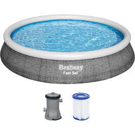 Басейн Bestway Fast Set 396x84 см, з фільтром-насосом, круглий, сірий вигляд з ротанга