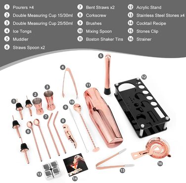 Набір шейкерів для коктейлів, 23 предмети Набір бармена з бостонської нержавіючої сталі з акриловою підставкою та буклетом рецептів коктейлів, професійні барні інструменти для змішування напоїв, дім, бар, вечірка - Золота троянда
